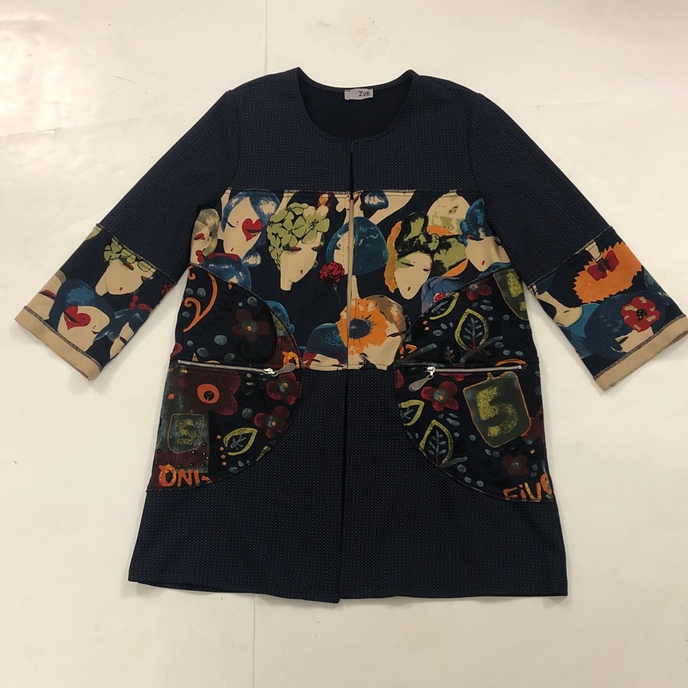 Zoe L Jacket Colourful Patches Pattern Floral Face Zipper Pockets Excellent